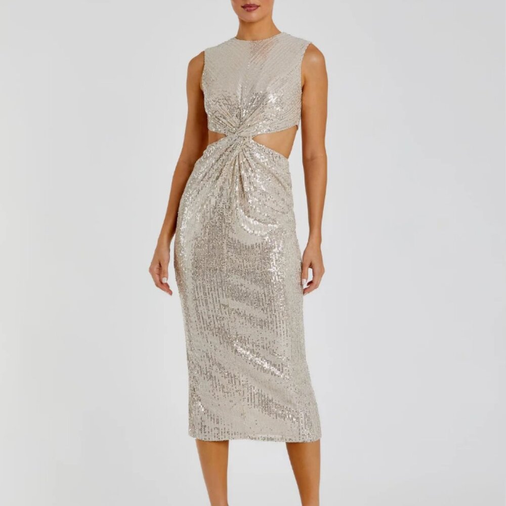 NEW Mac Duggal Silver Sequin Front Twist Cut Out Sheath Dress